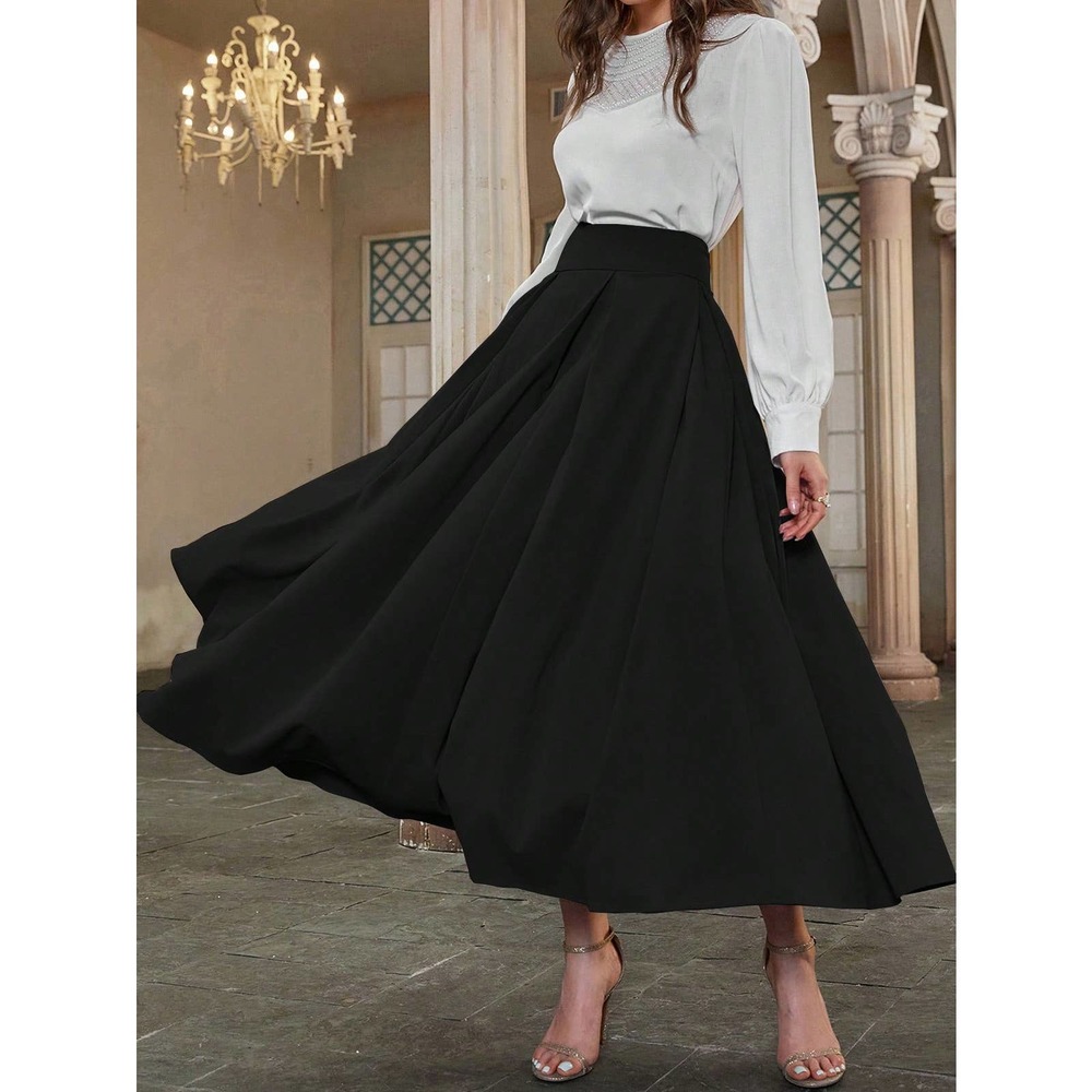 High Waist Pleated Detail Flare midi Skirt business casual black